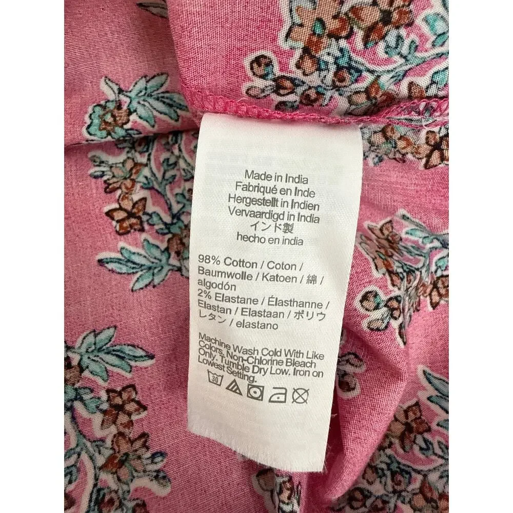 J.Crew Pink Floral Block Print Puff Sleeve Top Sz M Split V Neck Cotton